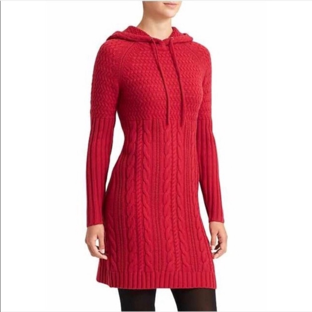 Athleta Red Cold Spell Merino Wool Cable Knit Hooded Sweater Dress XS
